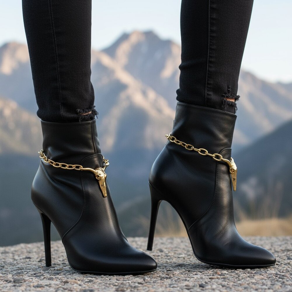 Women 2PCS Gold Metal Boot Chain Bracelet Shoe Anklet Long Horn Bull Charm PAIR